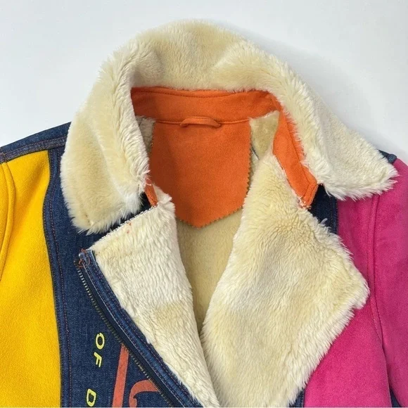 RARE Vintage Von Dutch Y2K Pink & Yellow Suede Blue Denim Faux Fur Bomber Jacket - Picture 4 of 16